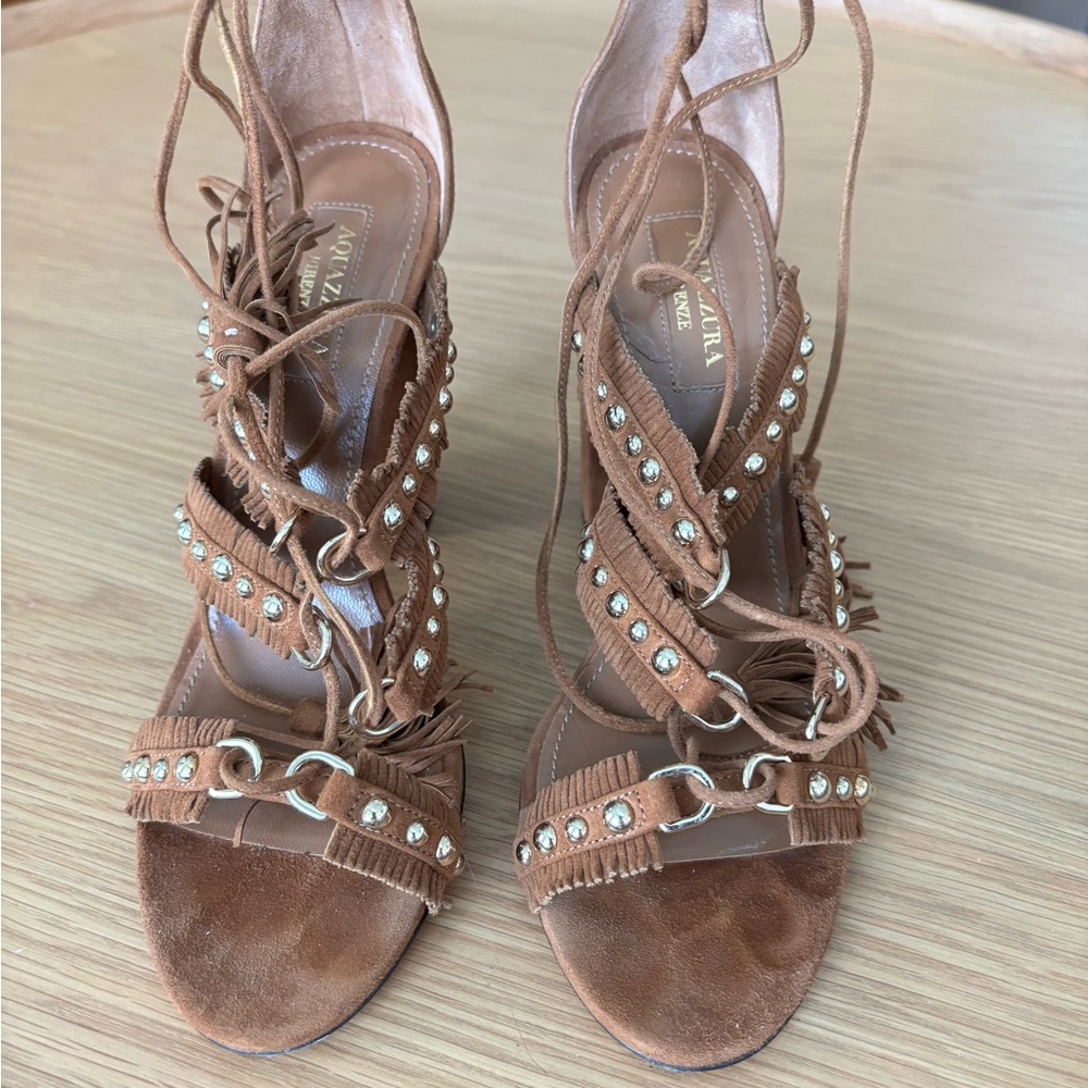 Aquazzura Tan Studded Lace-Up Heels